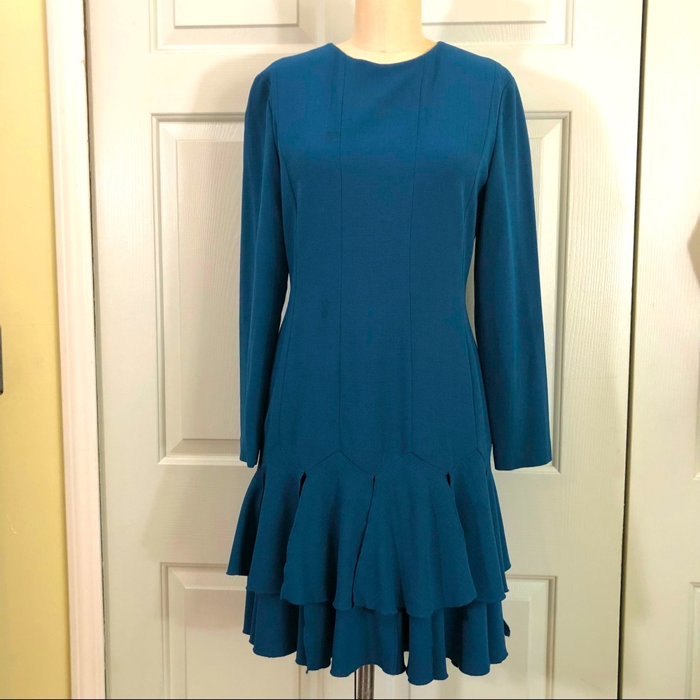 Vintage David Warren Lined Hem Fringes Dress Teal Size 8